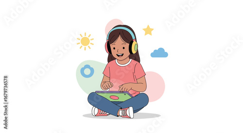 Children digital tablet with headphones illustration listening music or learning something new