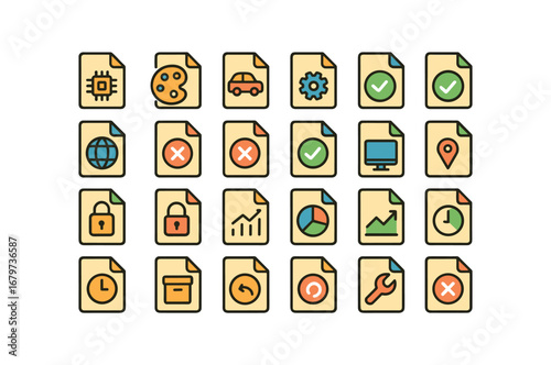 colorful flat vector icons File (Advanced) file smart file ai file auto file manual file online file offline file synced file unsynced file secure file unsecure file monitor file tracker.