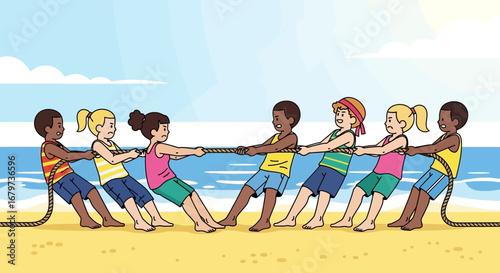 Children Engaging In A Tug-Of-War On A Sunny Beach With Joyful Competition
