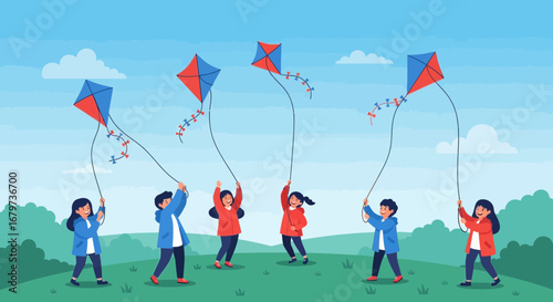 Children Flying Kites in a Meadow on a Sunny Day with Blue Sky and Clouds