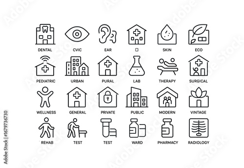 vector outline icons Clinic (Types) clinic dental clinic eye clinic ear clinic heart clinic skin clinic eco clinic smart clinic urban clinic rural clinic lab clinic therapy clinic surgical.