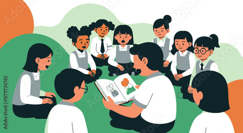 Children listening to a teacher reading a book illustrating education in a school