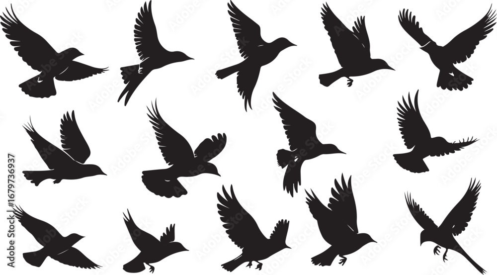 Obraz premium Graceful Flock Silhouettes Birds in Flight Captivating Imagery Evoking Freedom and Tranquility Against White Backdrop Seamless Pattern