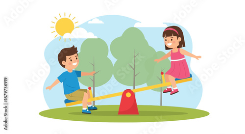Children Playing on a Seesaw at a Park on a Sunny Day Showing Happiness