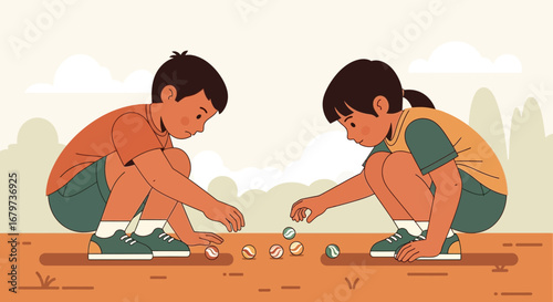 Children Playing Marbles During A Sunny Day In A Modern And Cute Flat Drawing Style