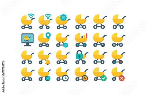 colorful flat vector icons Stroller (Advanced) stroller smart stroller ai stroller auto stroller manual stroller monitor stroller tracker stroller stats stroller chart stroller graph.