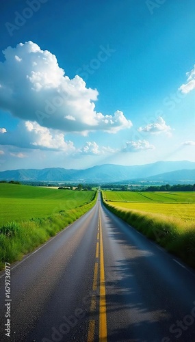 Serene country road disappearing into the hazy horizon over rolling farmland under a vast blue sky Perfect for travel, nature, and rural themes , farmland, landscape