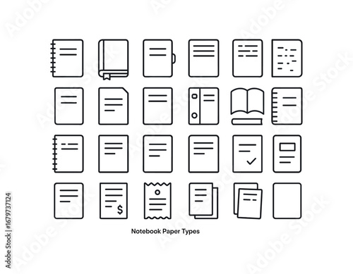 vector outline icons Notebook Paper (Types) paper notebook paper journal paper diary paper planner paper sketch paper draft paper essay paper report paper thesis paper script paper manual.