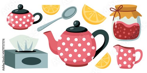 Charming pink polka dot teapots spoon jam jar tissue box lemon slices and creamer set