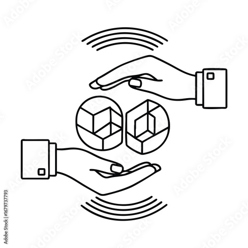 Conceptual line art of hands managing abstract geometric blocks.