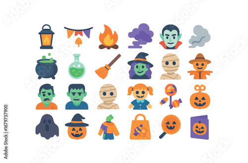 colorful flat vector icons Halloween (Decor) halloween lantern halloween light halloween fire halloween fog halloween smoke halloween cauldron halloween potion halloween broom halloween.
