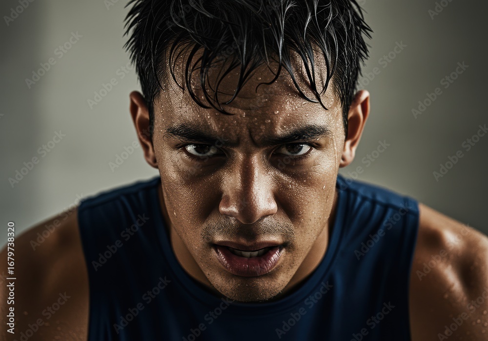 Obraz premium An intense, focused athlete during a hard workout with sweat glistening on his face.
