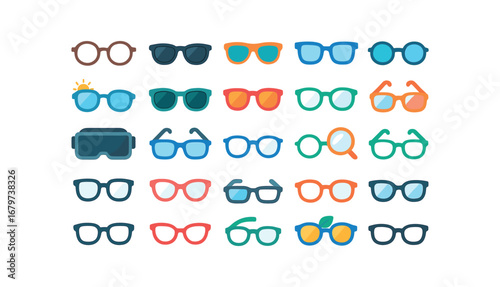 colorful flat vector icons Glasses (Types) glasses reading glasses sun glasses sport glasses blue glasses screen glasses night glasses day glasses polar glasses tinted glasses clear glasses.