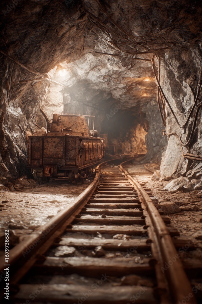 Naklejka premium A rusty mining cart sits on wooden tracks in an underground tunnel, illuminated by soft lights reflecting off the rough, rock surfaces, creating an eerie yet intriguing atmosphere