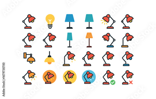 colorful flat vector icons Lamp (Basic) lamp icon lamp bulb lamp shade lamp stand lamp on lamp off lamp open lamp closed lamp tall lamp short lamp floor lamp desk lamp wall lamp ceiling.