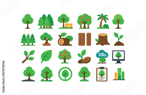colorful flat vector icons Tree (Advanced) tree forest tree park tree garden tree orchard tree jungle tree plantation tree bonsai tree timber tree wood tree stump tree branch tree leaf tree.