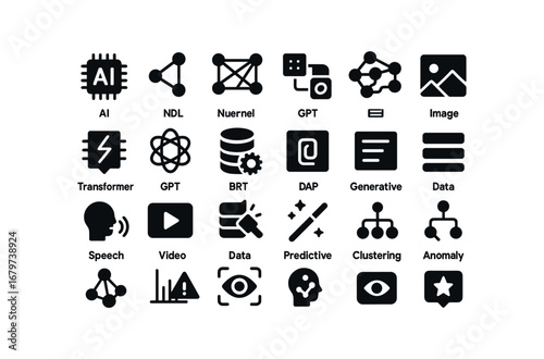vector solid black filled icons AI Model (Types) aimodel ml aimodel dl aimodel nn aimodel cnn aimodel rnn aimodel gnn aimodel transformer aimodel gpt aimodel bert aimodel clip aimodel image.