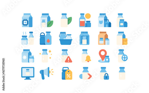 colorful flat vector icons Milk (Advanced) milk smart milk organic milk natural milk processed milk pasteurized milk milk boiled milk chilled milk milk fresh milk stored milk packed milk.