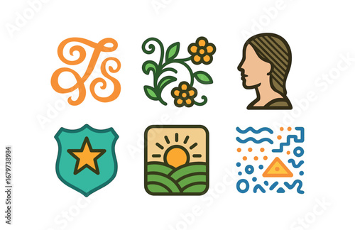 vector colorful flat filled icons engraving artist (creative): decorative lettering floral scrolls portrait etching emblem carving landscape engraving abstract patterns.