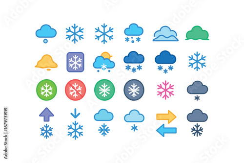 colorful flat vector icons Snow (Basic) snow icon snow flake snow fall snow storm snow drift snow pile snow melt snow freeze snow light snow heavy snow new snow old snow valid snow invalid.