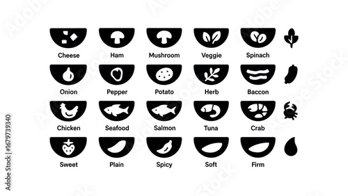 vector solid black filled icons Omelette (Types) omelette cheese omelette ham omelette mushroom omelette veggie omelette spinach omelette tomato omelette onion omelette pepper omelette.