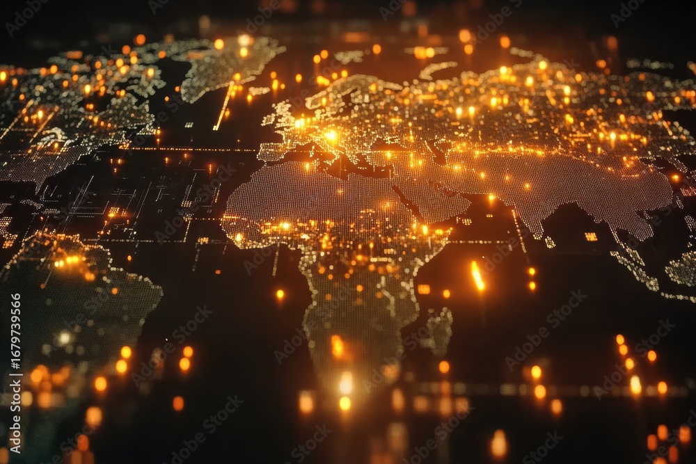 Fototapeta premium Vibrant digital map visualization highlighting global networks with sparkling lights in a dark background