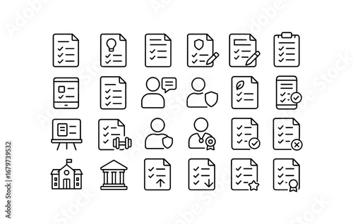 vector outline icons Exam (Types) exam test exam quiz exam final exam midterm exam online exam offline exam digital exam paper exam oral exam written exam eco exam smart exam class exam.