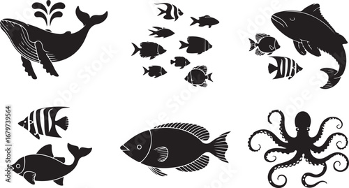 Marine Life Medley A Black and White Silhouette Illustration of Ocean Creatures