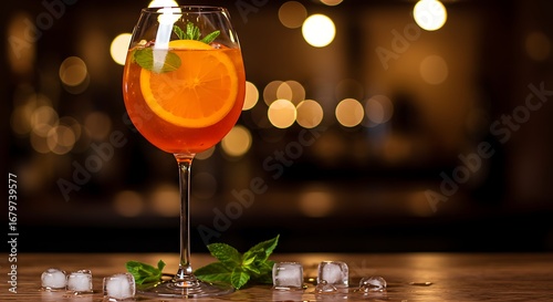 Refreshing aperol spritz cocktail with orange slice and mint garnish on a bar counter