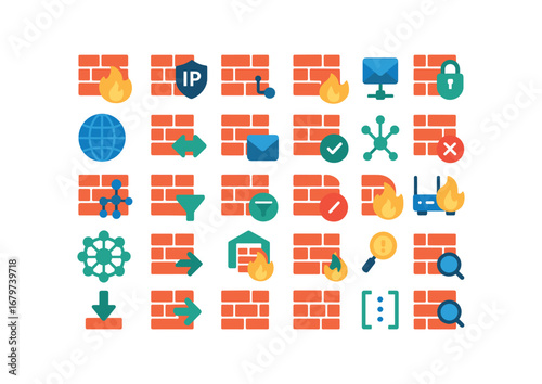 colorful flat vector icons Firewall (Network) firewall ip firewall port firewall proxy firewall vpn firewall dns firewall nat firewall packet firewall filter firewall rulein firewall.