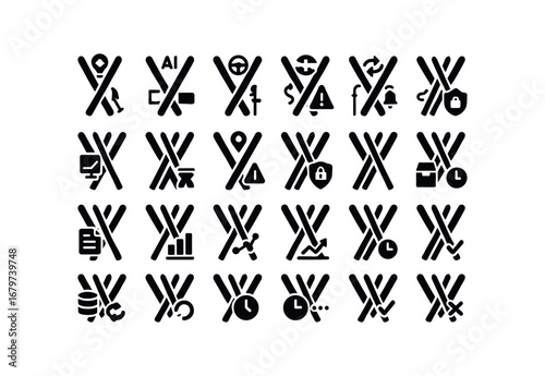 vector solid black filled icons Skis (Advanced) skis smart skis ai skis auto skis manual skis synced skis unsynced skis monitor skis track skis alert skis notify skis secure skis unsecure.