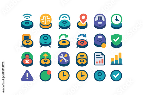 colorful flat vector icons Vacuum (Advanced) vacuum smart vacuum ai vacuum sensor vacuum tracker vacuum monitor vacuum timer vacuum autocharge vacuum dock vacuum undock vacuum sync vacuum.