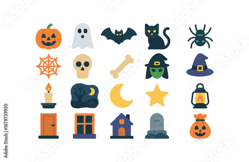 colorful flat vector icons Halloween (Basic) halloween icon halloween pumpkin halloween ghost halloween bat halloween cat halloween spider halloween web halloween skull halloween bone.