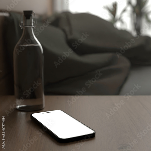 Smartphone Mockup in Bedroom. Smartphone with transparent screen next to bed