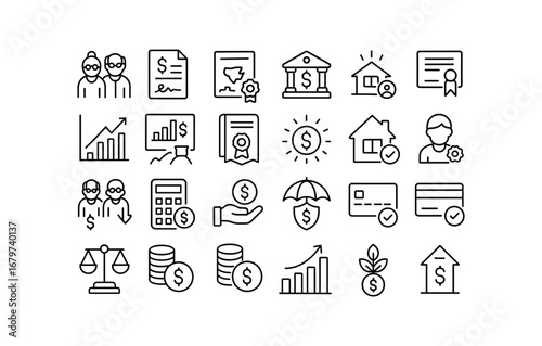 vector outline icons Retirement (Finance) retirement pension retirement annuity retirement 401k retirement ira retirement social retirement fund2 retirement stock retirement bond retirement.