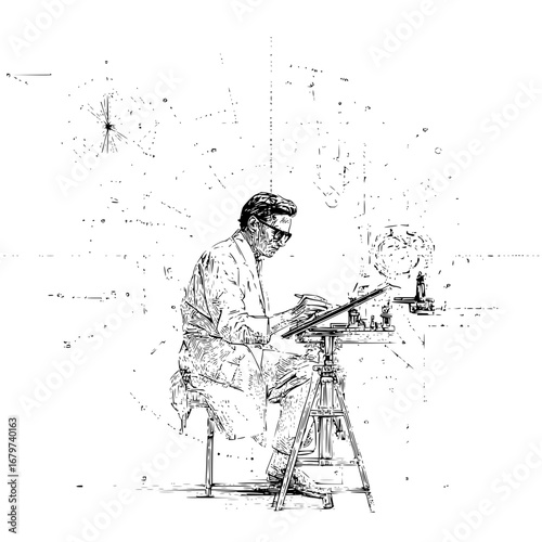 Vintage architect drawing blueprint design with drafting tools black and white illustration artwork