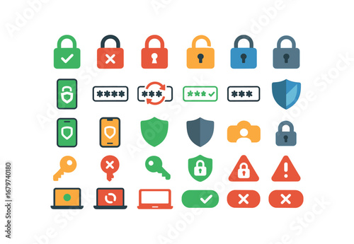 colorful flat vector icons Settings (Security) lock on lock off lock open lock closed password set password reset password saved password lost twofactor on twofactor off shield strong.