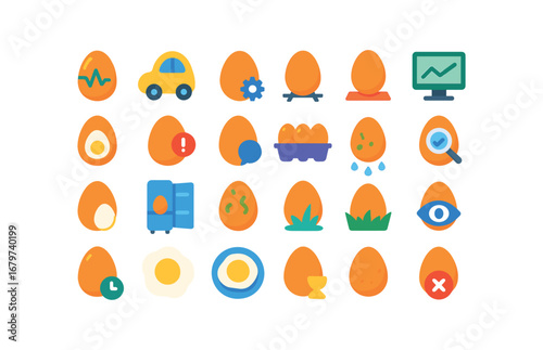 colorful flat vector icons Egg (Advanced) egg smart egg auto egg manual egg track egg monitor egg alert egg notify egg packed egg unpacked egg freshcut egg stored egg spoiled egg cleaned.