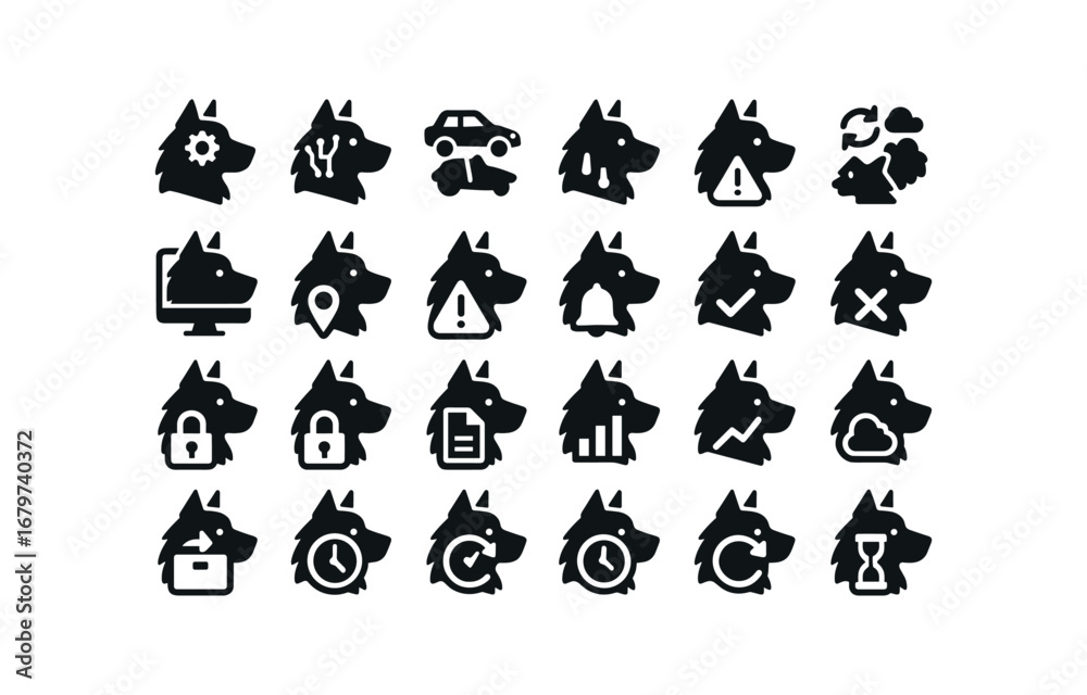 Fototapeta premium vector solid black filled icons Sheepdog (Advanced) sheepdog smart sheepdog ai sheepdog auto sheepdog manual sheepdog synced sheepdog unsynced sheepdog monitor sheepdog track sheepdog alert.