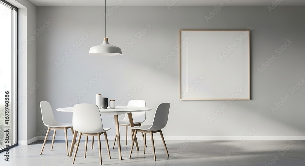 Fototapeta premium Modern dining area with minimalist furniture and blank wall art for interior design concepts