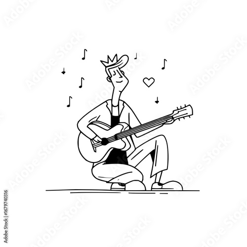 Guitarist playing music sketch drawing vector illustration musical performance and love song design concept