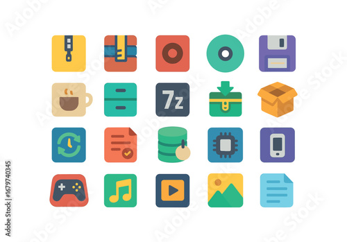 colorful flat vector icons Archive (Types) archive zip archive rar archive tar archive archive dmg archive jar archive cab archive 7z archive gz archive bz2 archive folder archive package.