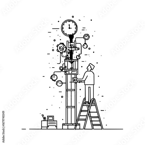 Complex machine illustration with man on ladder and clock vector design for engineering projects