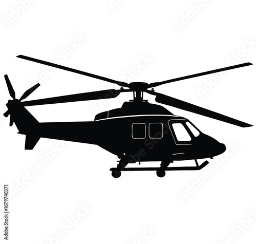 Military transport helicopter flying in the sky with spinning rotor blades, a powerful aircraft for rescue and attack missions
