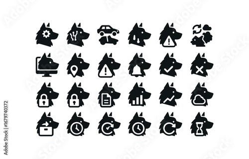 vector solid black filled icons Sheepdog (Advanced) sheepdog smart sheepdog ai sheepdog auto sheepdog manual sheepdog synced sheepdog unsynced sheepdog monitor sheepdog track sheepdog alert.