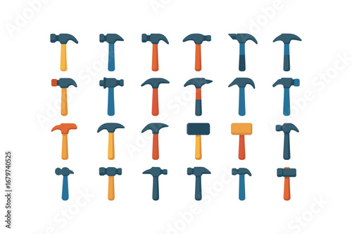colorful flat vector icons Hammer (Types) hammer claw hammer sledge hammer ball hammer mallet hammer club hammer cross hammer straight hammer curved hammer tack hammer framing hammer.