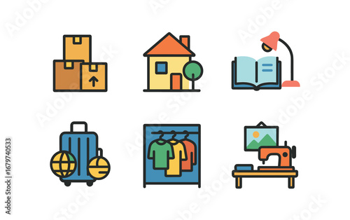 vector colorful flat filled icons second chapter phase (daily life): moving boxes new home studying travel fresh wardrobe hobby room.