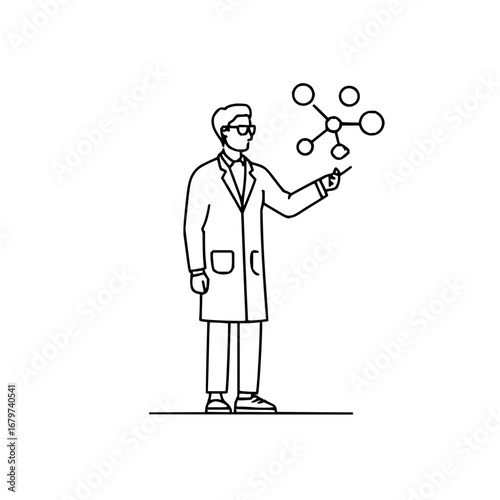 Scientist explains molecule structure research in lab coat chemistry science line art illustration design