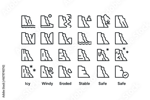 vector outline icons Cliff (Types) cliff sea cliff ocean cliff river cliff canyon cliff desert cliff mountain cliff valley cliff gorge cliff plateau cliff coastal cliff inland cliff.