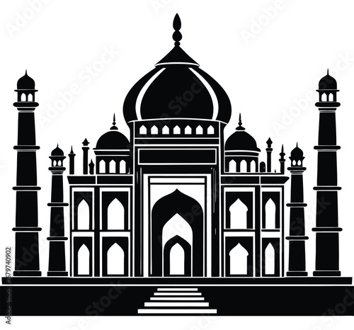 White marble architecture of the Taj Mahal in Agra, India, a mausoleum, mosque, and monument of love with a distinctive dome and minarets